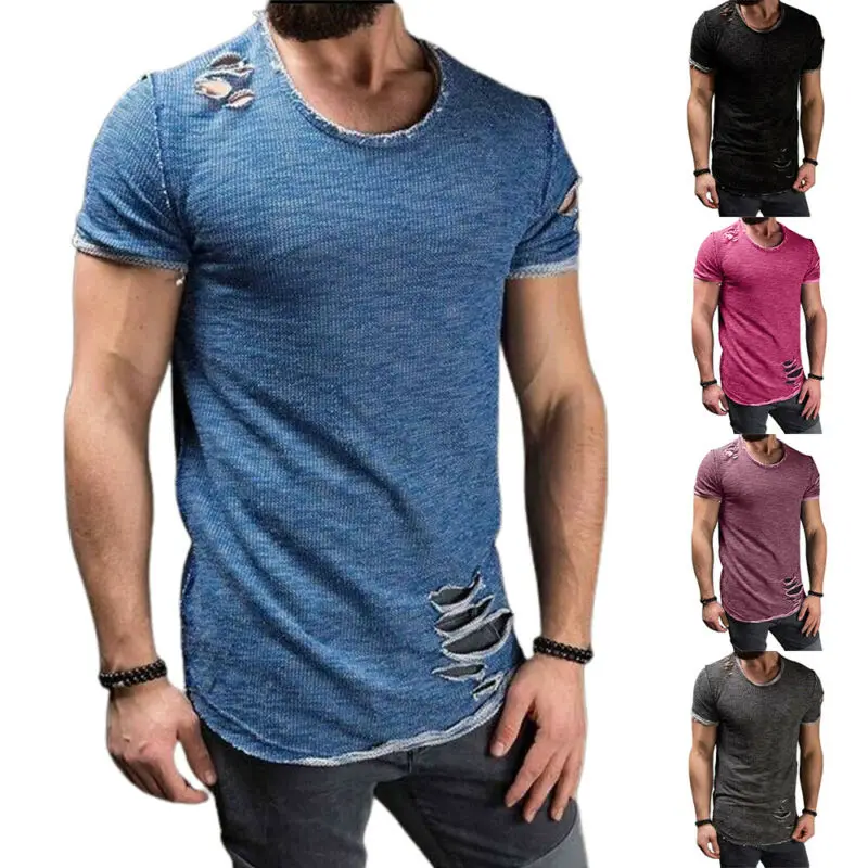 

Mens T-shirt Ripped Frayed Short Sleeve Shirt Summer Slim Holiday Blouses Tops
