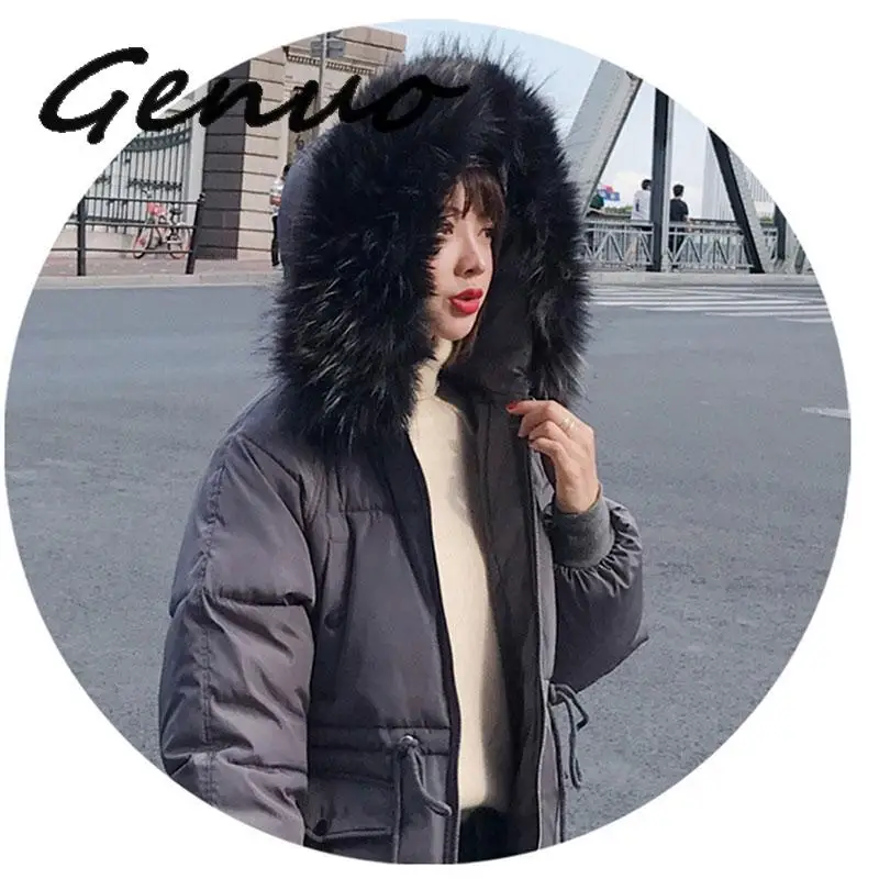 

Solid Fur Hooded Thicken Zipper Long Coats Women Casual Long Sleeve Lace Up Warm Cotton Coats Female Hardy Jackets New