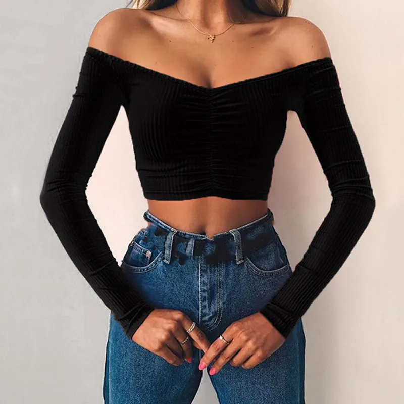 

Women New T Shirt Sexy Solid Color Fashion Long Sleeve Women Short Tops Off Shoulder Slash Neck 2020 Female T Shirt