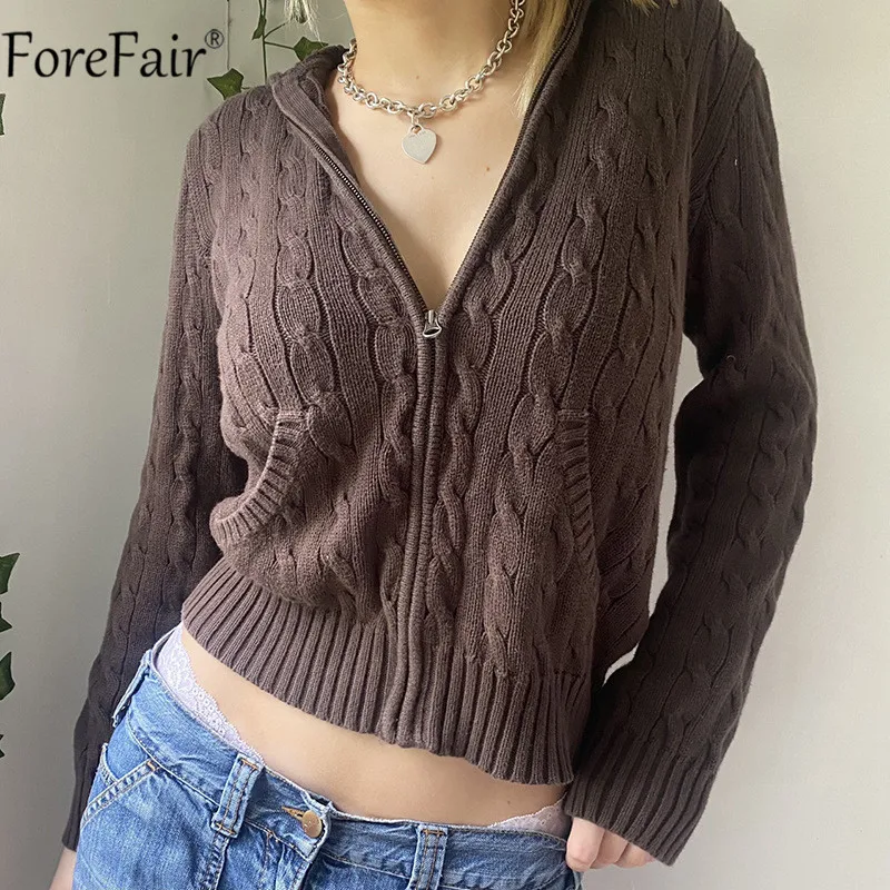

Forefair 2021 Autumn Winter Black Knitted Sweater Top Cropped Y2k Basic Zipper Pockets Long Sleeve Casual Women Cardigan Fashion