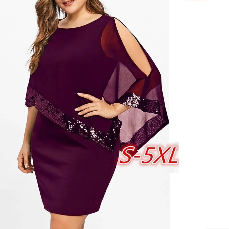 burgundy 5xl летние платья с блестками, вечерние Ночное платье размера плюс элегантное вечернее облегающее платье с рукавами «летучая мышь» Большие размеры женское платье - Цвет: burgundy