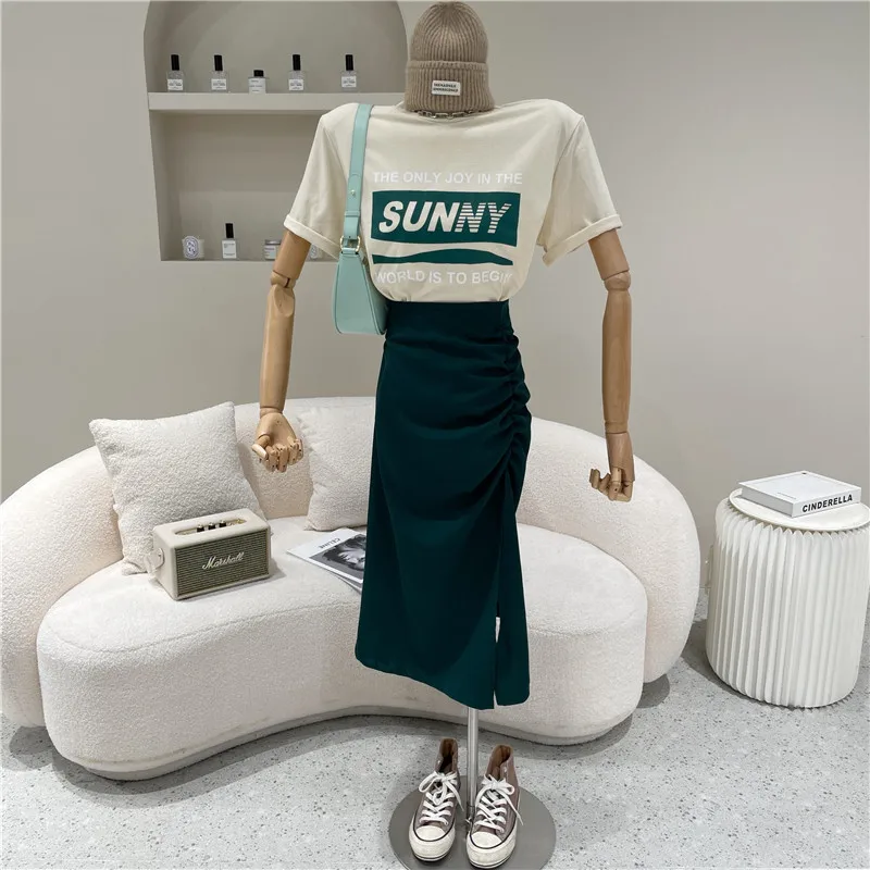 

Two piece set Women's Spring Summer 2021 Fashion Simple letter color matching T-shirt + medium length pleated split suit skirt