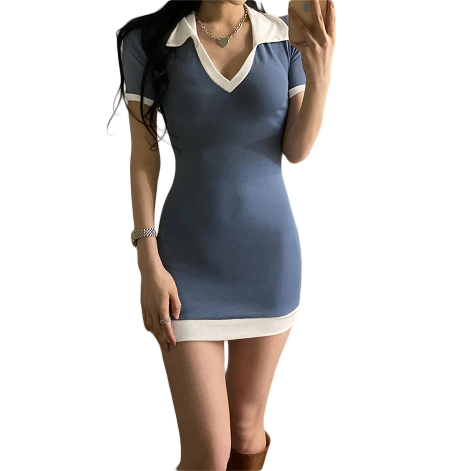 

Womens Casual Short Sleeve Skinny Dress Summer Fashion Contrast Color V-neck Short Dress