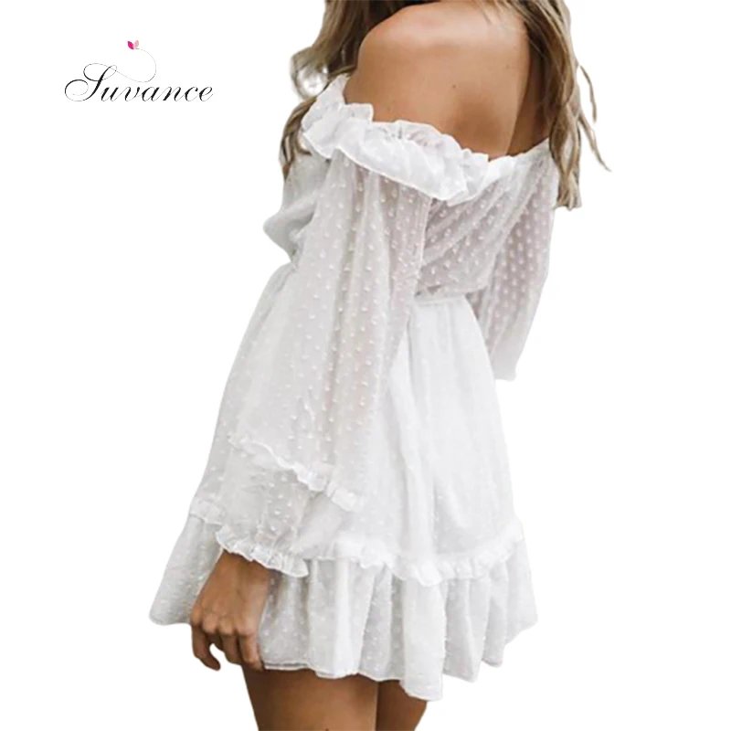 Женское плиссированное платье Suvance Летнее белое с воротником лодочкой высокой