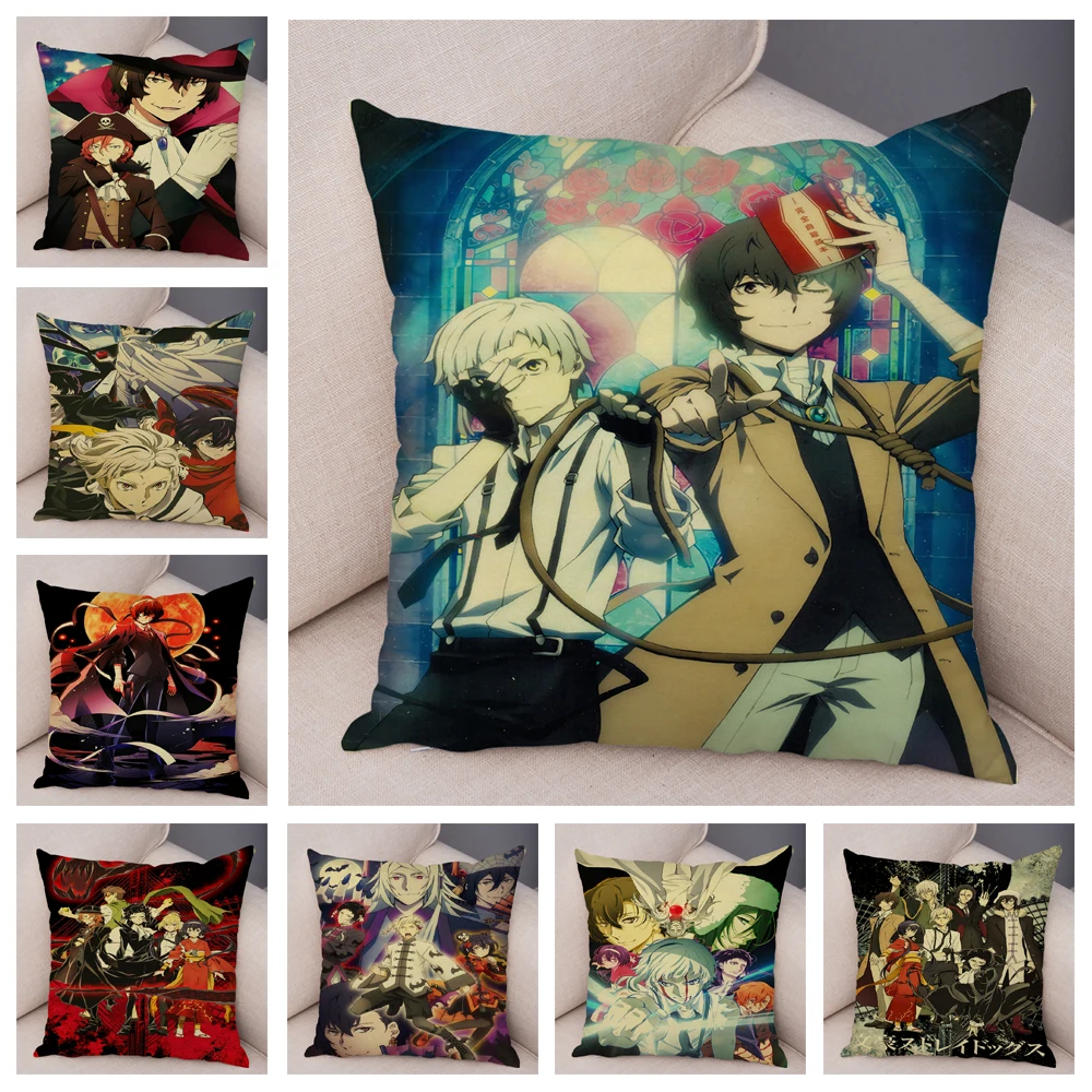 Bungo Stray Dogs Pillow Case Decor Japanese Classic Anime Art Pillowcase Soft Plush Cushion Cover for Home Car Sofa 45x45cm