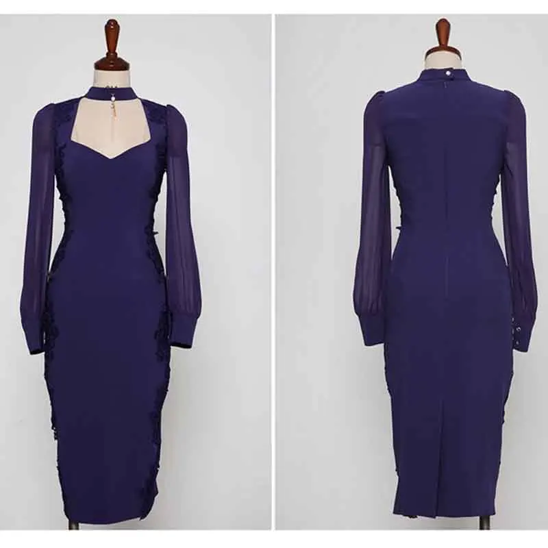 

2020 New Spring Korean Women'S Pencil Sheath Party Sexy Long Sleeve Dress Women Knee Length Bodycon Floral Stitching Lace Dress