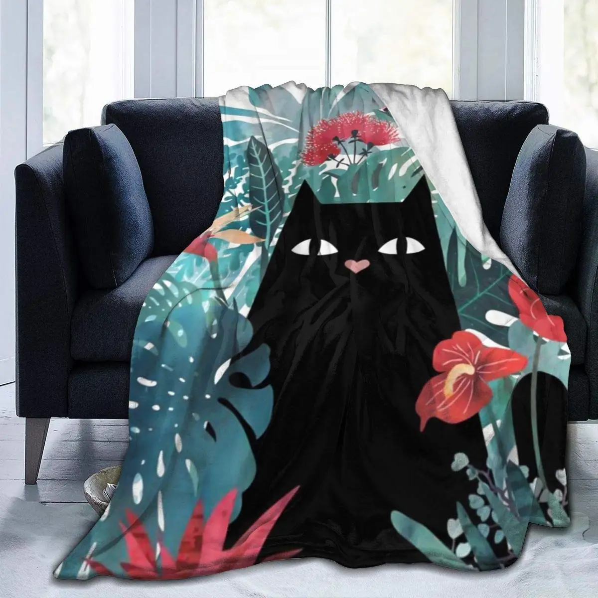 

Flannel Fleece Funny Throw Blanket Hawaiian Cat Black Kitten in Botanical Garden Throw for Cold Weather Home Wedding Gift Thin