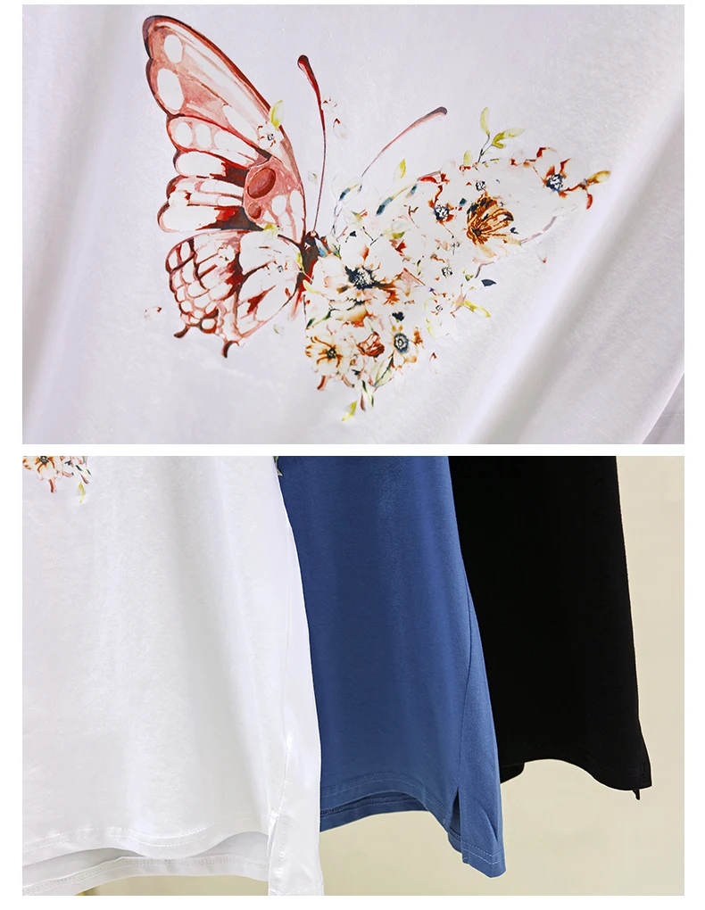 

Large size women's short sleeve T-shirt summer new loose thin white shirt loose casual Harajuku Butterflies print T-shirt tee