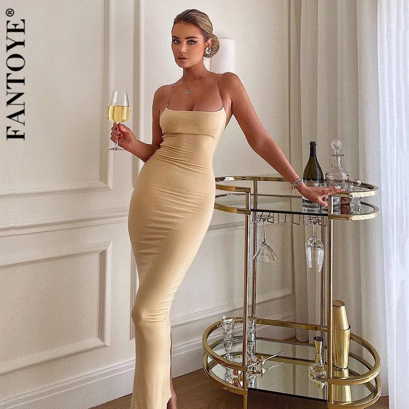 

Женское платье на бретелях Fantoye, однотонное облегающее платье макси без рукавов с открытой спиной, для клуба и вечевечерние, лето 2021