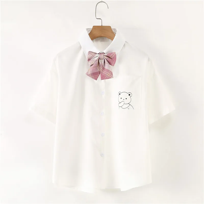 

New School Print Blouses Women Pink Bow Tie Girl Shirts Lapel Summer Short Sleeve Solid Tops Female Clothing Women-blouses