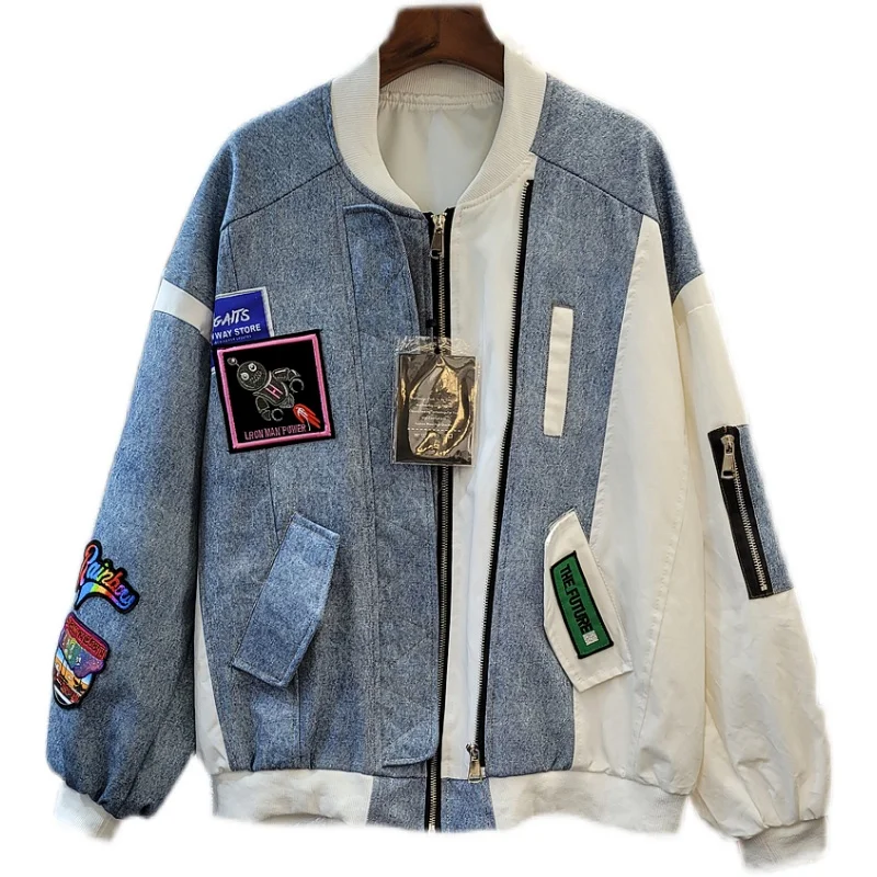 

Women Spring 2021 Loose Denim Jean Jacket Coat Windbreaker Baseball Jacket Fake Two Piece Za Streetwear Harajuku Basic Clothes