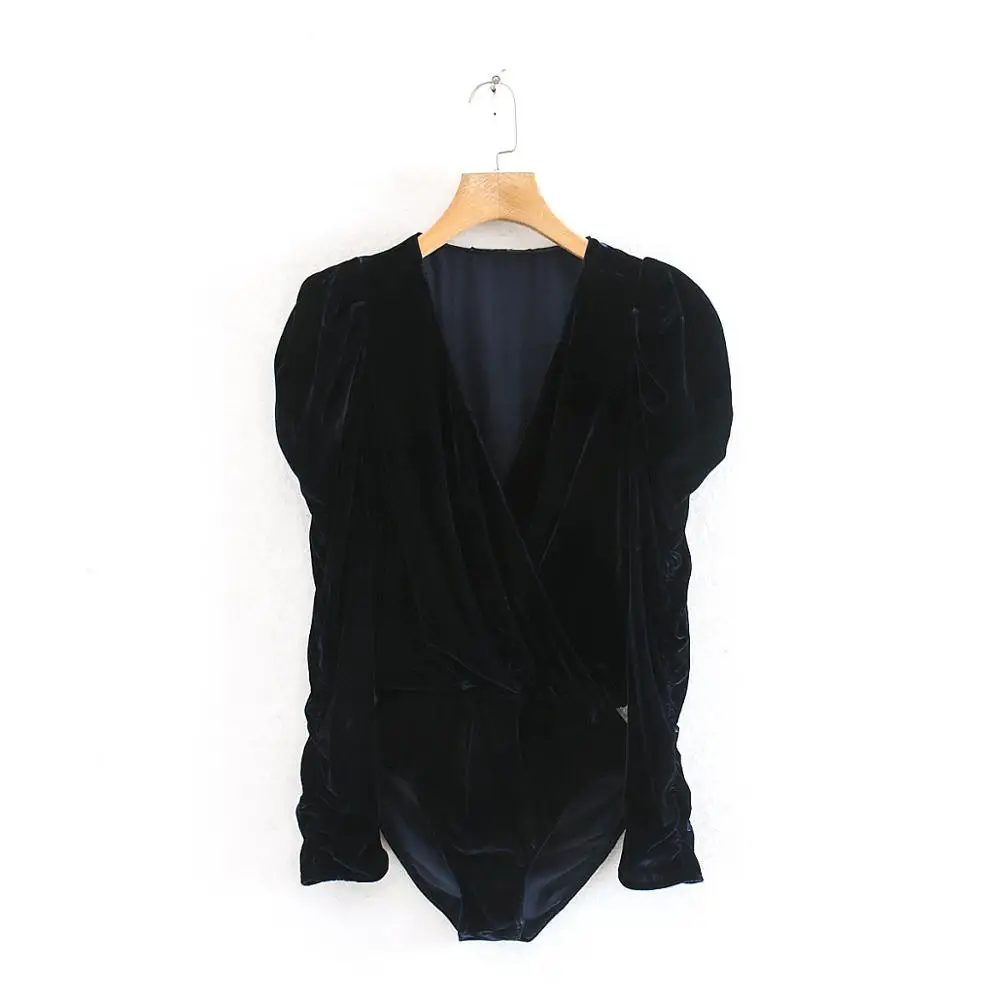 Женское кимоно с v-образным вырезом темно-синее боди рукавами-фонариками и