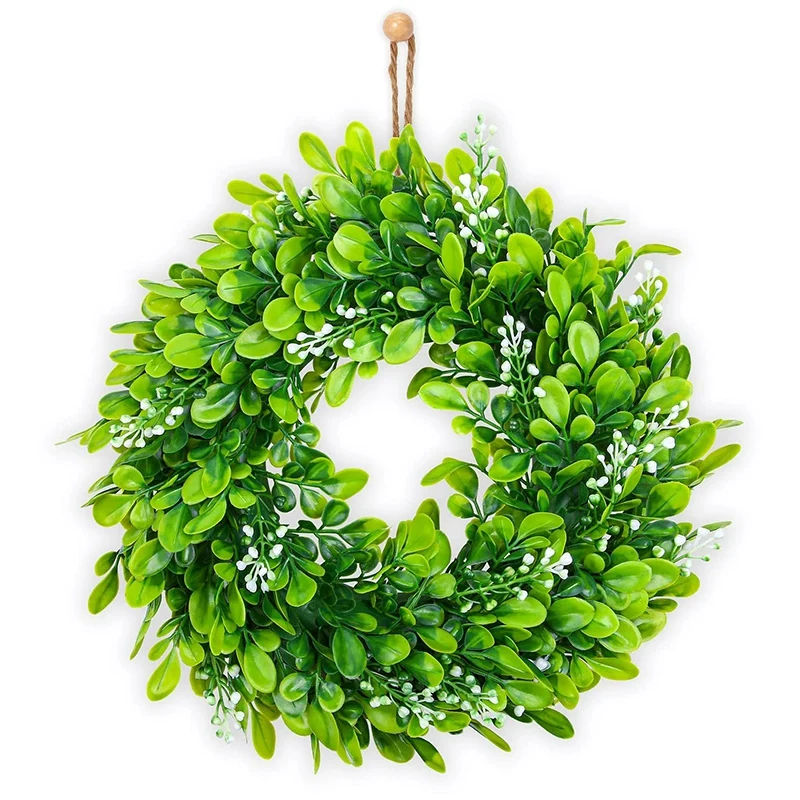 

2 Pack Artificial Boxwood Wreath Faux Artificial Green Leaves Wreath Front Door Hanging Wreath Decoration, 10 Inches