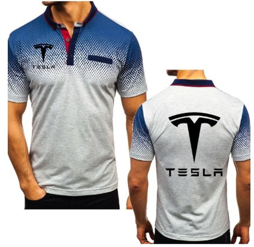 

Рубашка Poloo мужская с принтом логотипа автомобиля Tesla, Хлопковая сорочка с градиентом, Повседневная сорочка с коротким рукавом, лето 2020