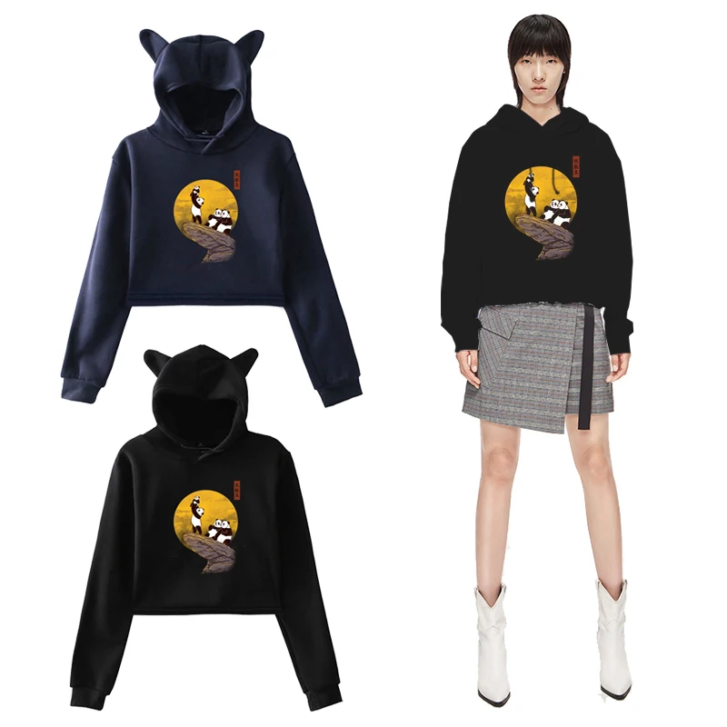 

Women Hoodies Fashion Women Casual Print Long Sleeve Girl Cute Panda Pattern Short Sweatshirt Ladies Casual Hooded Pullover