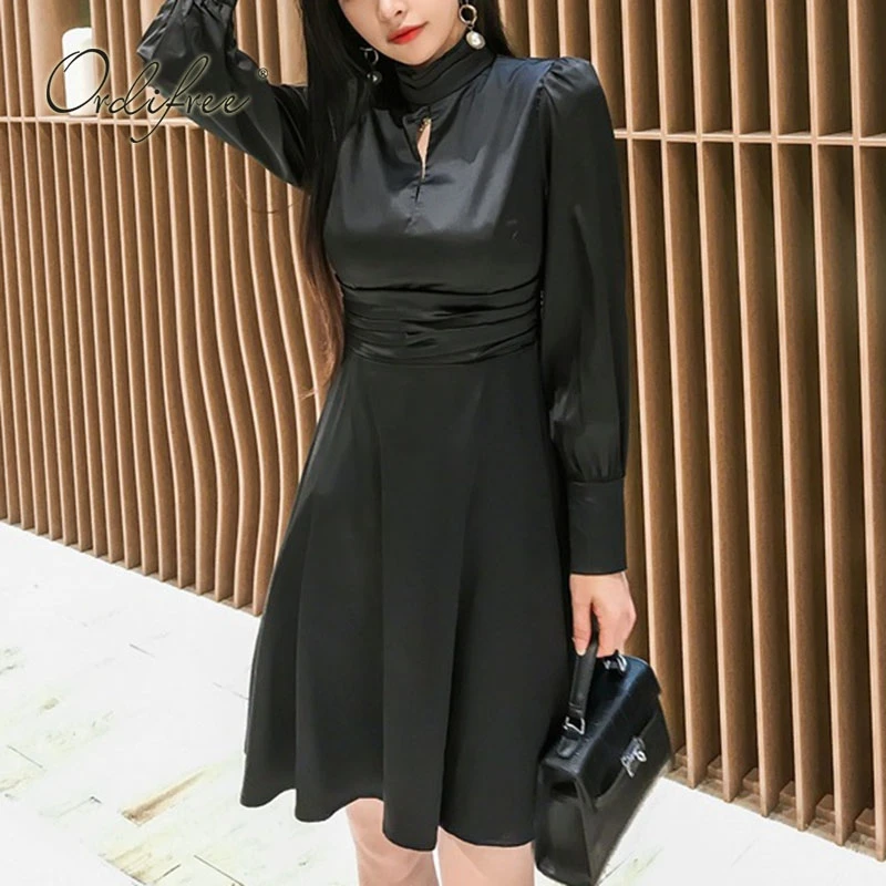 

2021 Spring Autumn Women Silk Satin Mini Dress Long Sleeve Tunic Vintage Shiny Short Party Dress