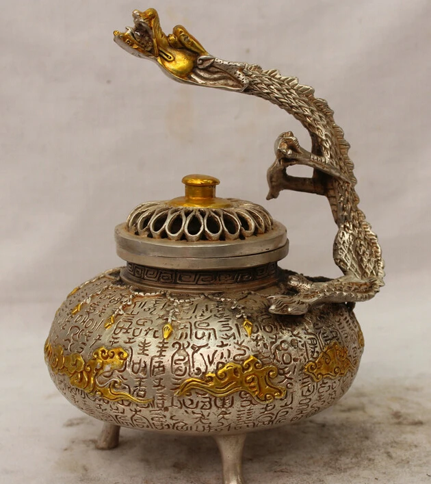 

8" Chinese Dynasty Palace Silver Gild FuDragon Bead Statue Wine Tea Pot Flagon S R0709 B0403
