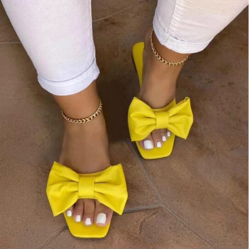 Женские шлепанцы Летние однотонные на плоской подошве с бантом бабочкой Модные