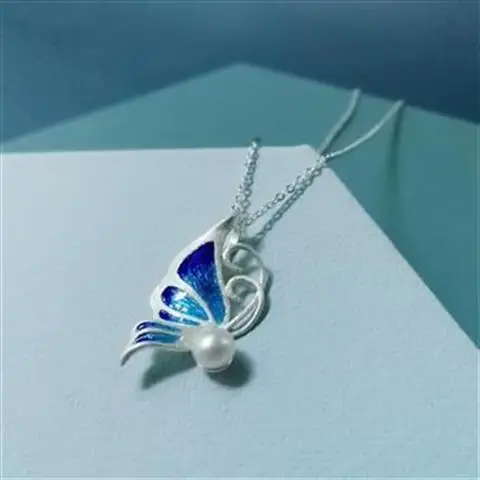 

S925 Silver Filigree Butterfly Enamel Pure Silver Inlaid Treasure Natural Freshwater Pearl Pendant Female Original Handmade