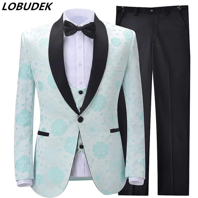 

Formal Blazer+Vest+Pants Wedding Suit Men's Korean Style Slim Fit Jacquard Suits Stage Performance Singer Host Tuxedo Costume