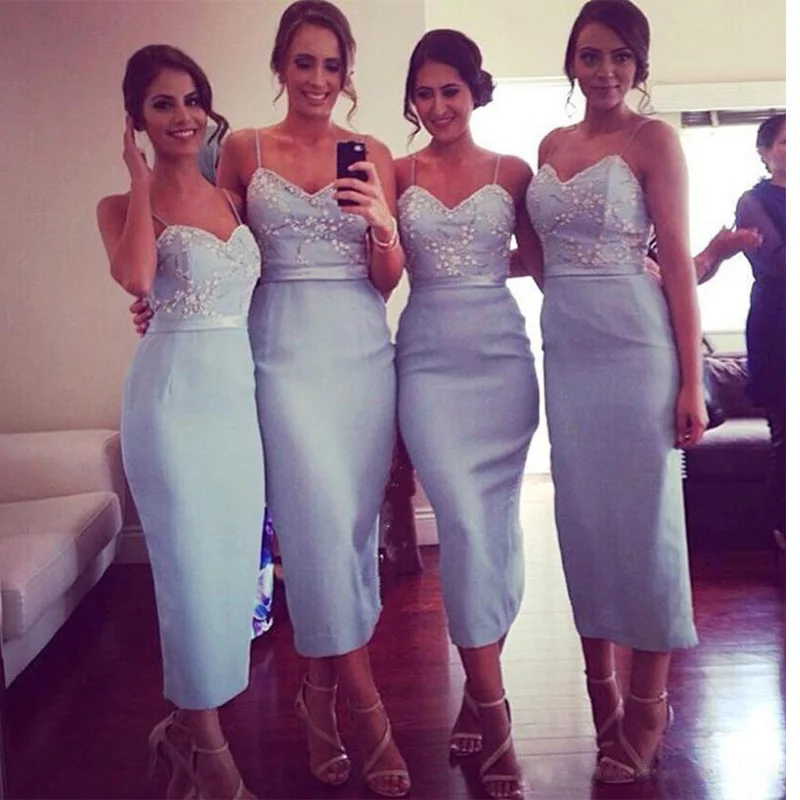

Custom Made Simple Cheap Silver Sweetheart Spaghetti Straps Tea Length Women Bridesmaid Dresses