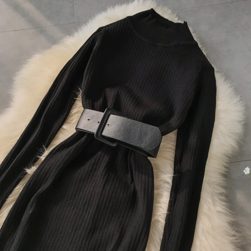

Good Quality Thick Turtleneck Sweater Dress Women 2019 Winter Korean Elegant Bodycon Work Dress Ladies Knitted Dress