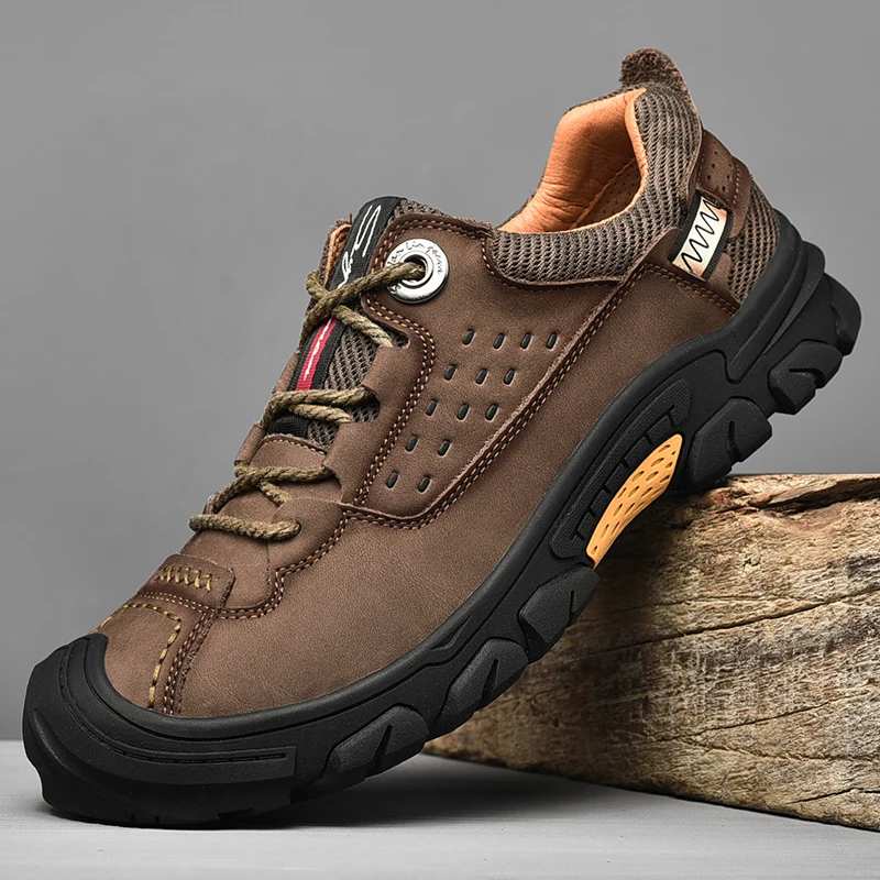 Outdoor Men Waterproof Hiking Shoes Men Breathable Non-slip Genuine Leather Shoes Outdoor Climbing Trekking Men' Sneakers