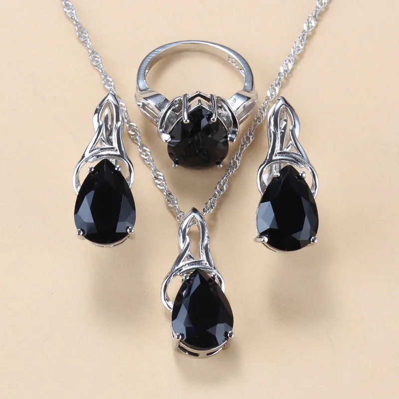 

925 Silver Necklace And Clip Earrings Jewelry Sets Black Cubic Zirconia Water Drop Trendy Costume Sets For Women