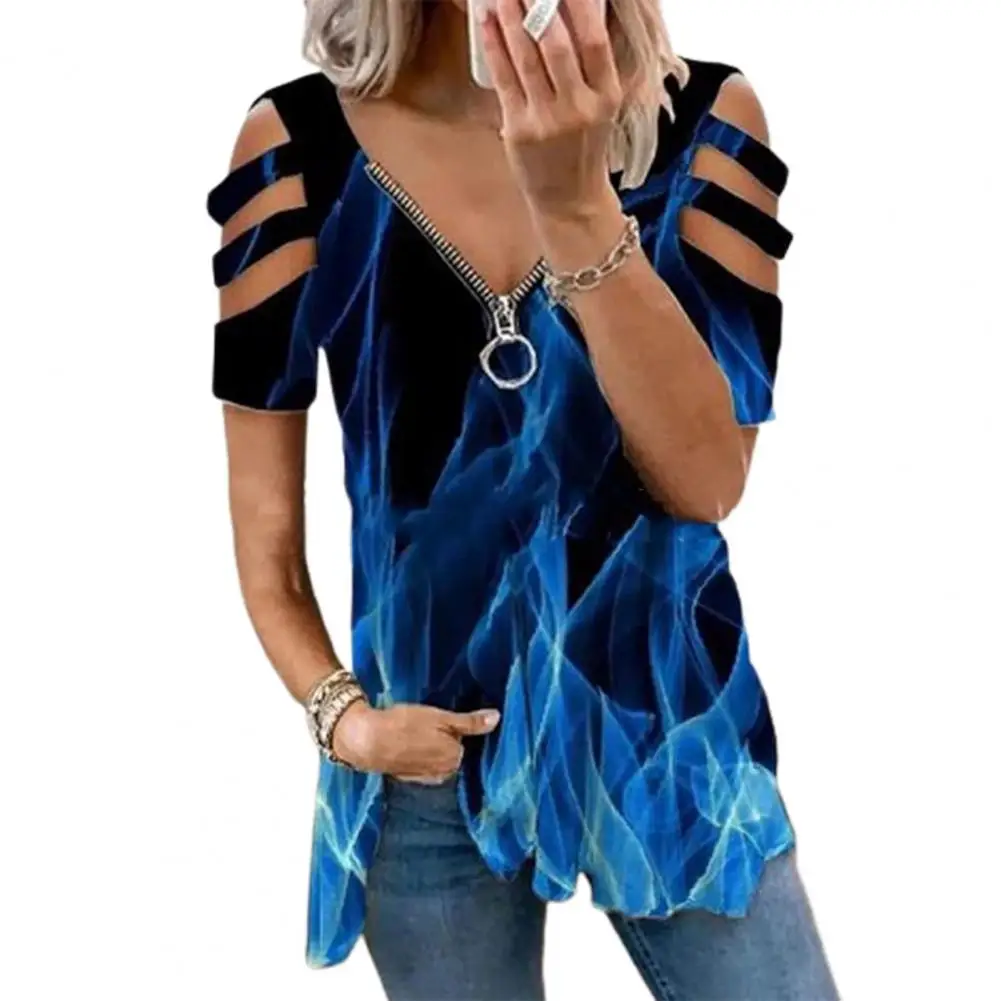 

Women V Neck Print Short Sleeve Hollow Zipper Loose Top T-shirt Pullover for Fashion Outdoor Off Shoulder Casual Plus Size Shirt