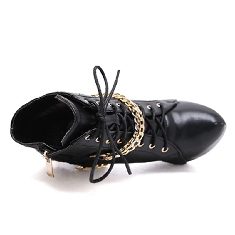

Fashion Women Black Ankle Boots Super High Heel Platform Booties Chain Lace-up Ladies Pumps Shoes 2021 Autumn Winter