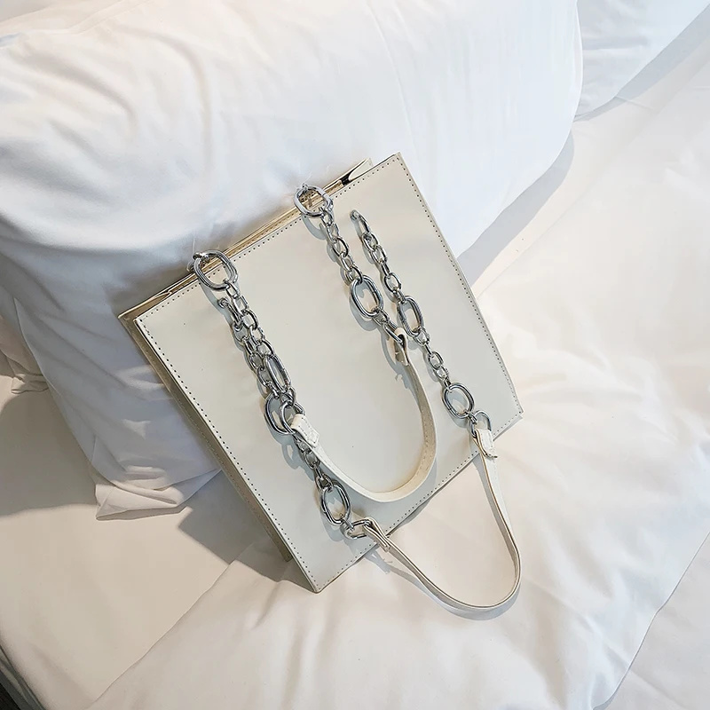 

Women's Shoulder Bag Square Metal Chain Solid Color Leather Large Capacity Tote Handbags Wholesale 2021 New Retro Female Bags