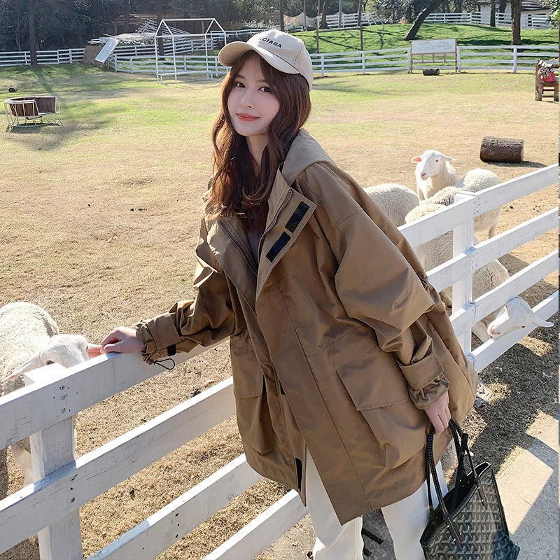 Цвет хаки ветровка Осеннее винтажное Женское пальто Тренч Женская парка куртка