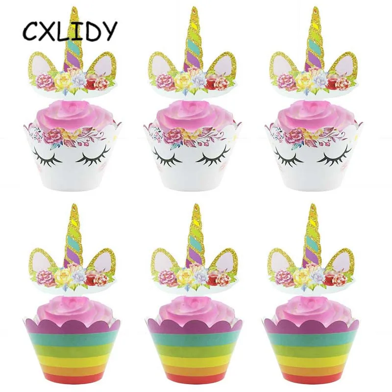 Радужные обертки для капкейков в виде единорога топпер торта на день рождения