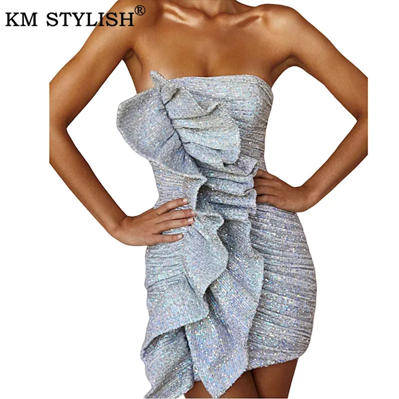 КМ СТИЛЬНЫЙ 2019 Женская Одежда Vestidos Ruffles Платье Новой Моды Сексуальный Пайетки Труба Верхнее Коктейльная Вечеринка Bodycon Сумка Бедро.