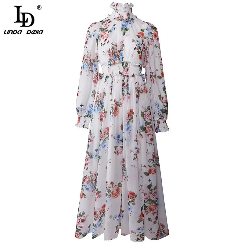 

LD LINDA DELLA Summer Fashion Designer Dress Women Vintage Lantern Sleeve Elastic waist Floral Print Long Vacation Dresses