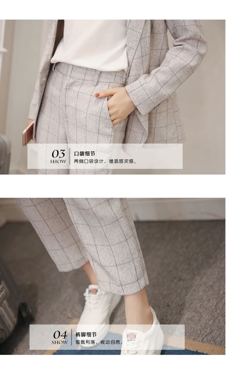 

2020 Business Women's Pencil Pants Set 2 Piece Set Navy Plaid Blazer + Pants Office Ladies Corner Jacket Women's Suit