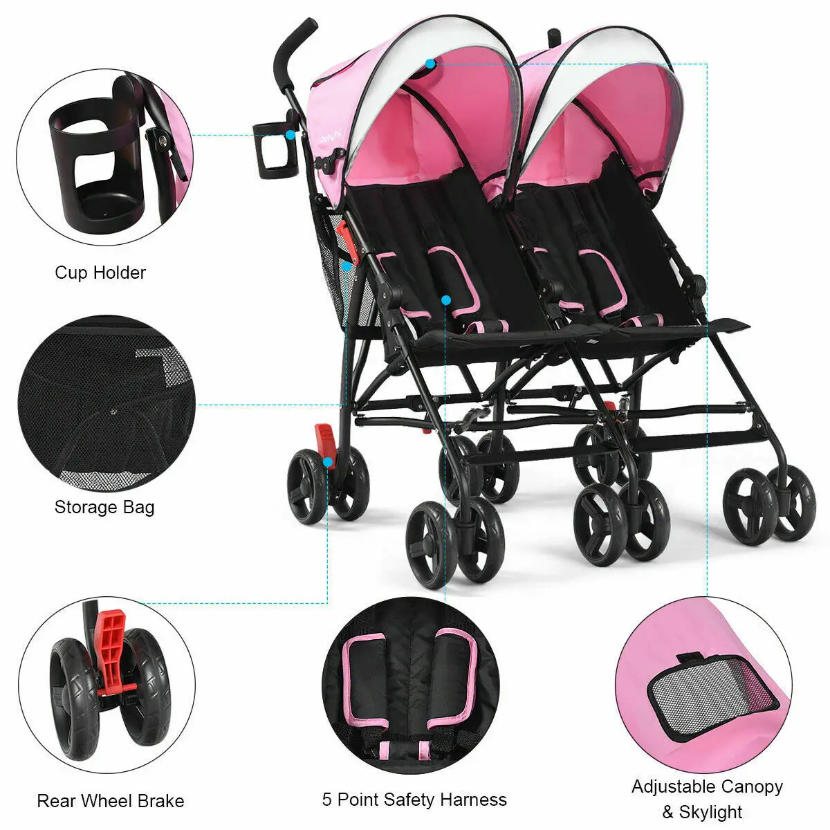 Foldable Twin Baby Double Stroller Kids Ultralight Umbrella Stroller Pushchair  BB5681PI