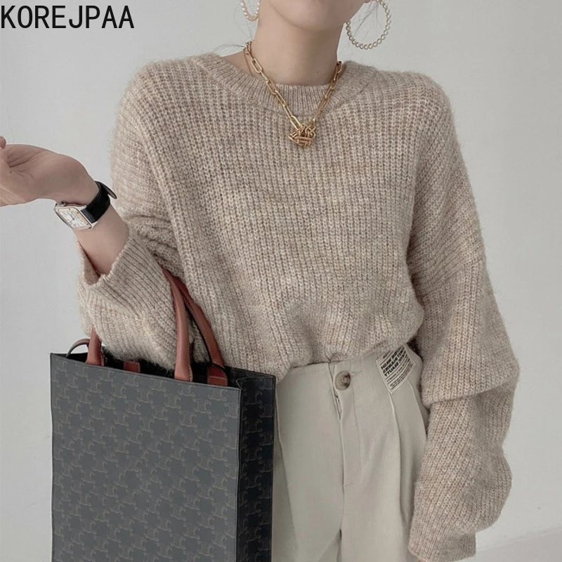 Корейский Элегантный женский пуловер с круглым вырезом свободный однотонный