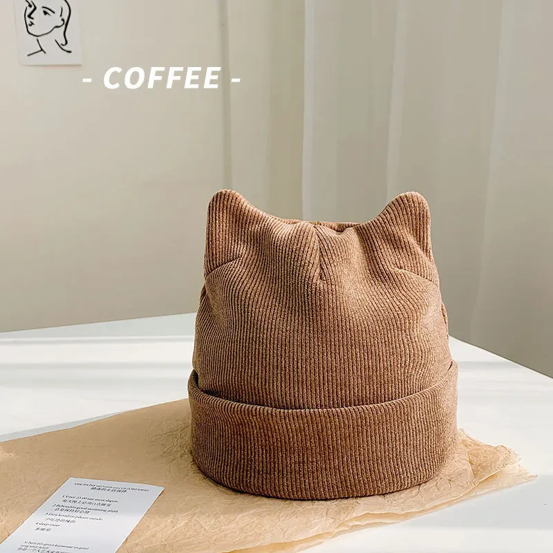 

New Fashion Warm Beanies Hat For Women Cute Cat Ear Bonnet Casual Female Solid Color Adult Hedging Cap Cover Crochet Slouch Hat