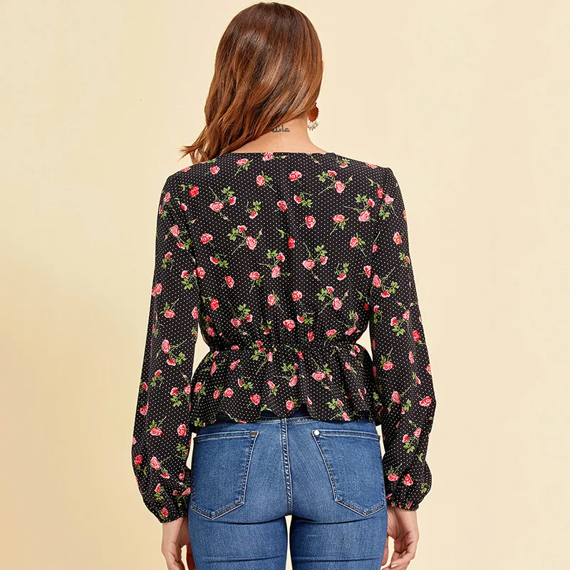 

Women's 2020 New Holiday V-neck Top Women Blouses Dot Black Print Shirt Women Long Sleeve Shirts