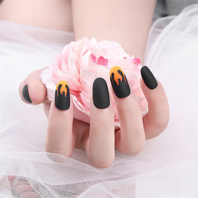 24 шт./компл. матовые накладные ногти в стиле панк с рисунком огня темные черные