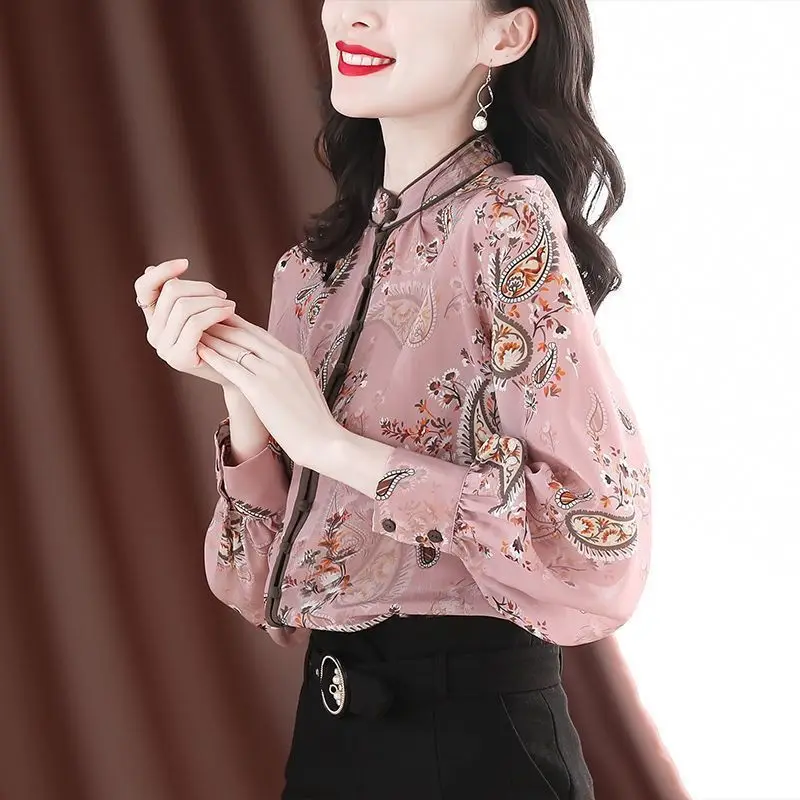 Женская шифоновая рубашка с воротником-стойкой в французском стиле ретро весна