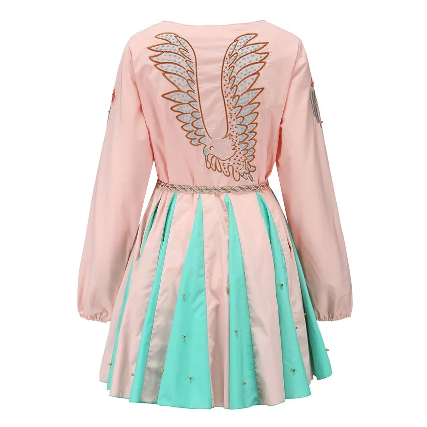 

Autumn/Spring 100% Cotton Patchwork Embroidery Long Sleeve Women V-neck Mini Dress