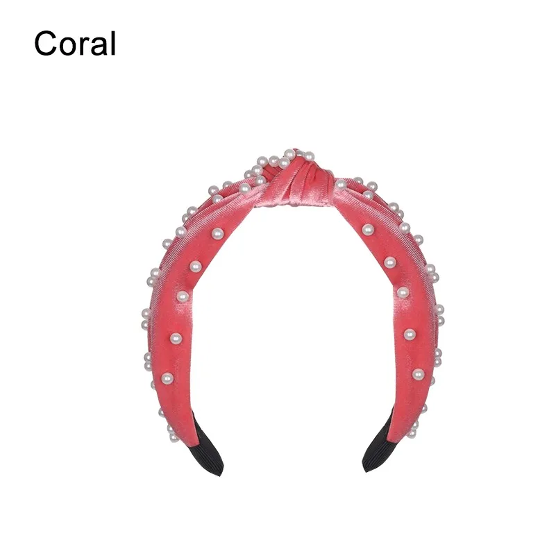 coral 1 В богемном стиле однотонные Цвет мягкий бархат центр узел широкая лента для волос с жемчугом завязанная повязка на волосы Индивидуальные Женские аксессуары для волос - Цвет: coral 1