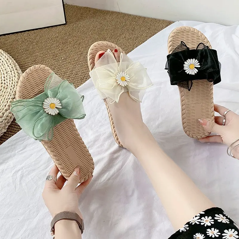 

2cm Height Flat Bottom Fashion Sandals Women Open Toes Slippers Summer Butterfly-Knot Patchwork Slides Korean Style