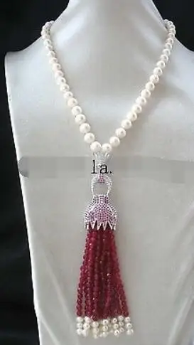 freshwater pearl white round 9-10mm &red leopard necklace 18