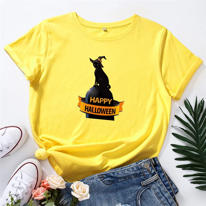 Футболка размера плюс футболка на Хэллоуин с принтом кошки ведьмы женская