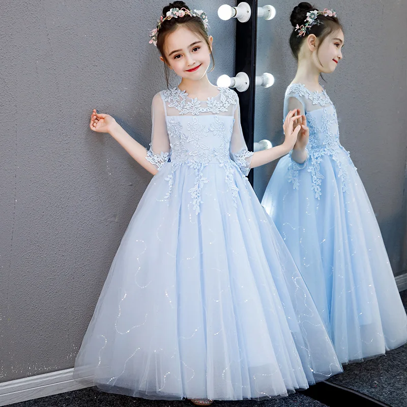 

Elegant Cheap Flower Girls Mesh Half Sleeve Birthday First Communion Dresses 5-12 Years Old Kids Long Sundress Weddings Events