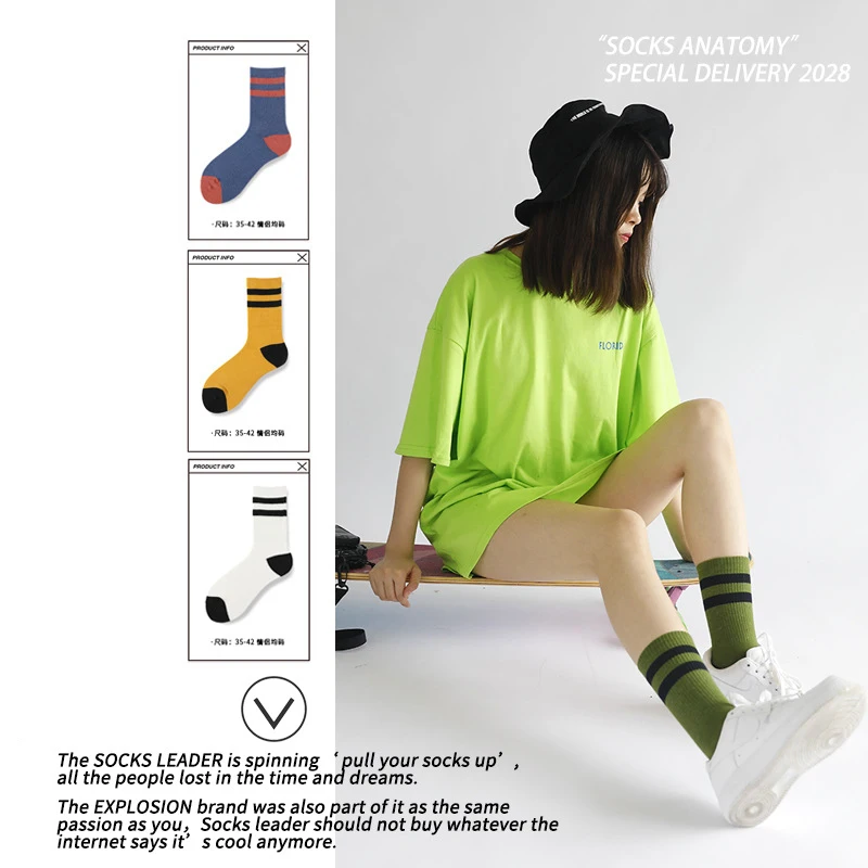 

Женские носки брендовые двухполосатые уличные спортивные носки в стиле хип-хоп хлопковые носки средней длины для мужчин и женщин оптовая п...