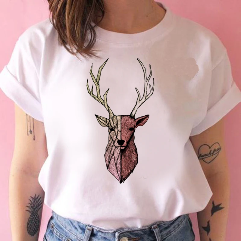 

Graphic Tees Tops Cartoon Sika Deer Head Print T shirts Women Funny T shirt White Tops Casual Short T-Shirt